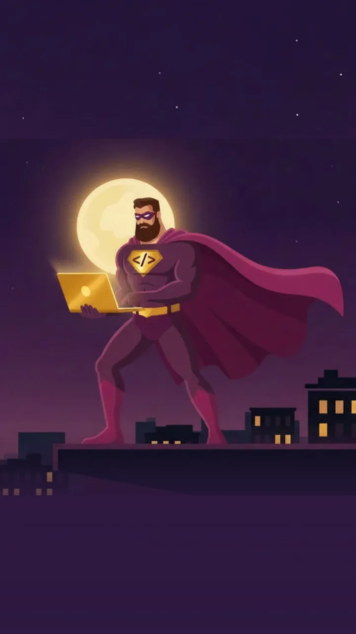 The Working Dev's Hero coding on a city rooftop at night